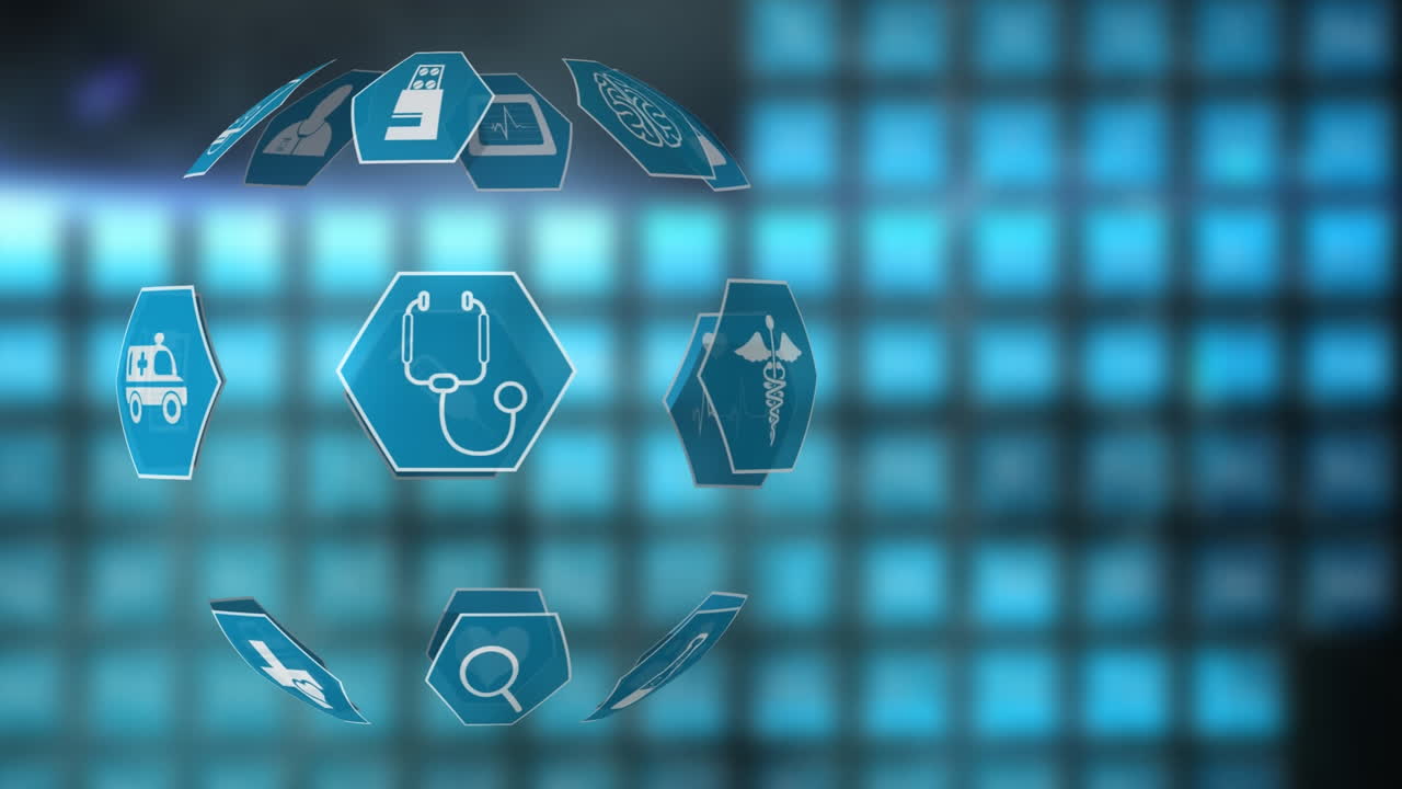 animación de una esfera de icono en un fondo de cuadrados azules