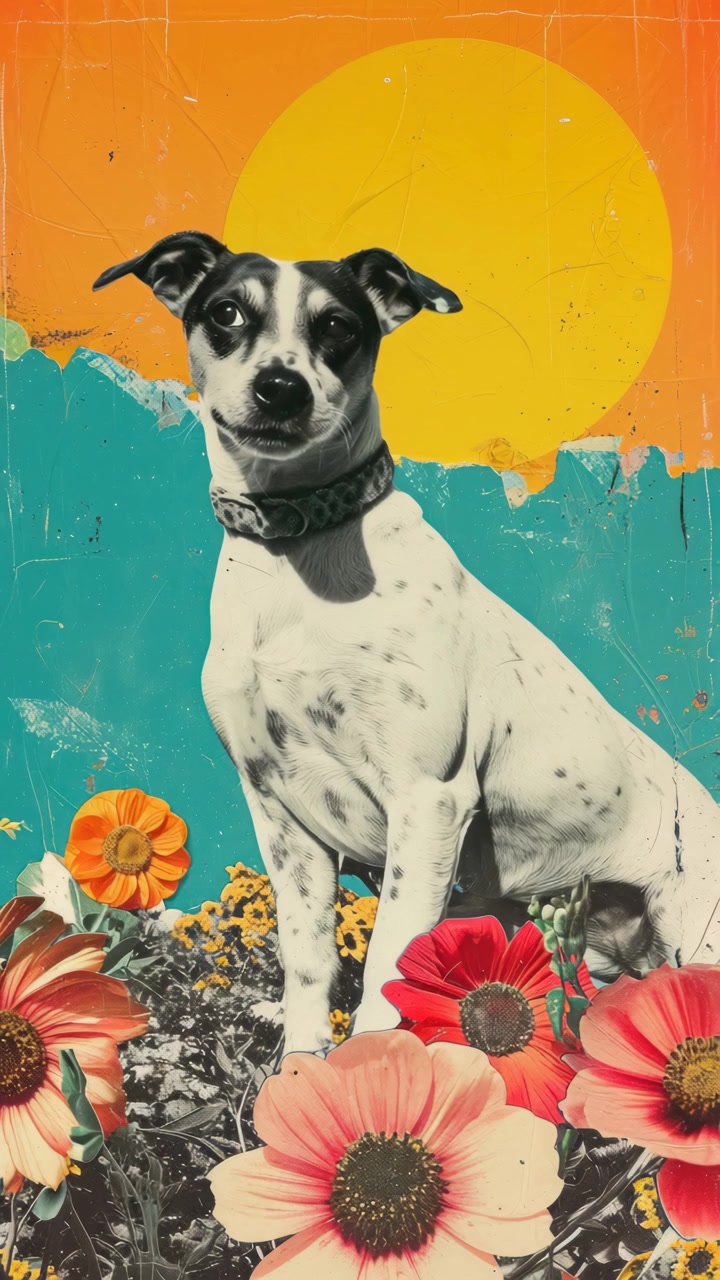 Collage artistico con un cane maculato circondato da fiori