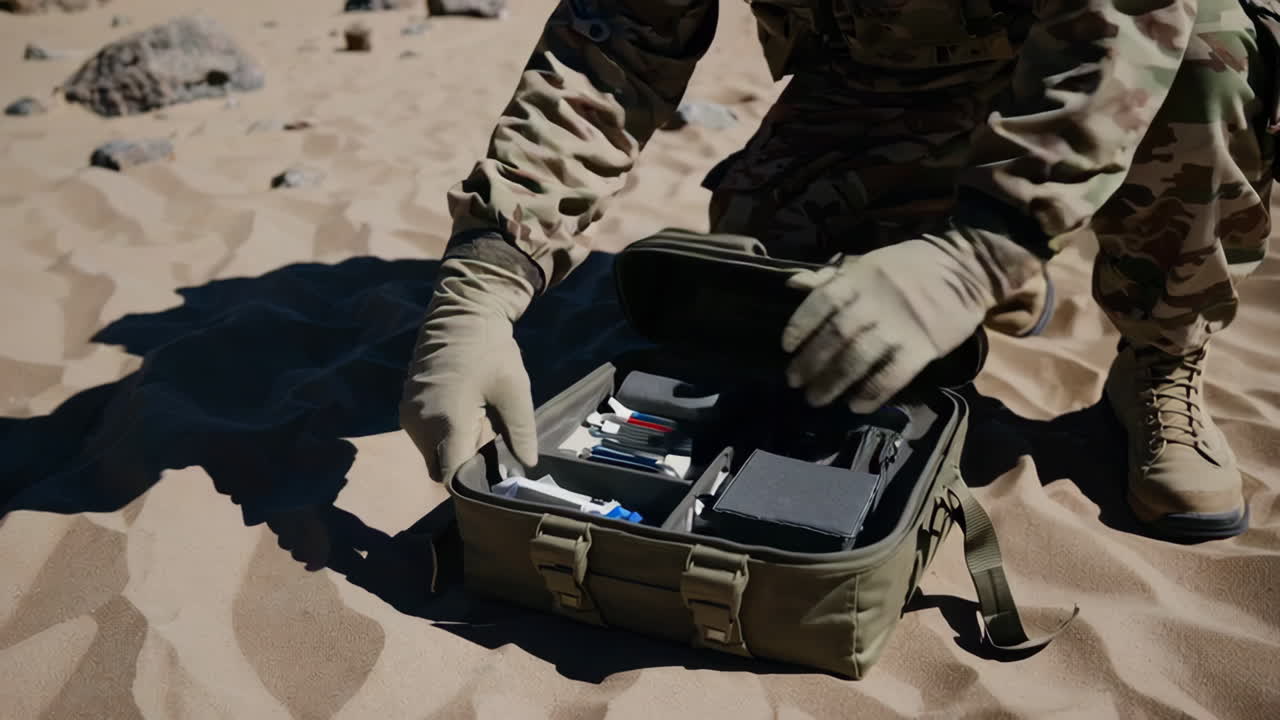 Soldier in the desert checking his medical kit