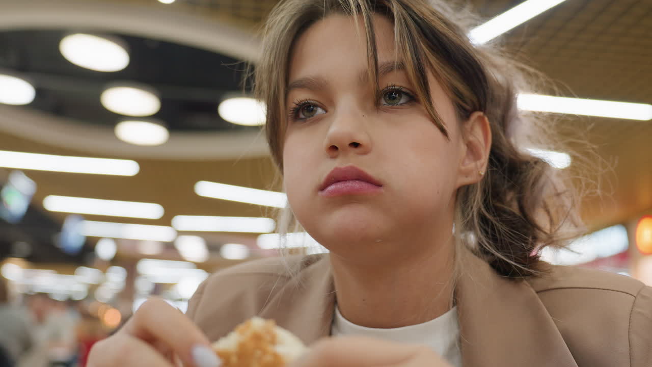 푸드 코트에서 신중하게 음식을 맛보는 백인 쇼핑객, 시선은 아래로, 은은한 간접 조명, 캐주얼 블레이저, 천천히 씹는 모습, 사색에 잠긴 분위기, 도시적인 식사 배경, 입술에 묻은 빵 부스러기