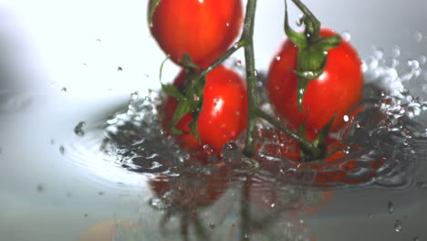 tomates de vid que caen en el agua