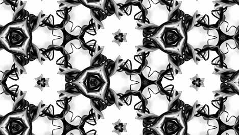 animación en bucle sin costuras de 4k de patrón en blanco y negro con cintas son retorcidas y forman estructuras complejas como patrón de adorno simétrico o efecto caleidoscópico