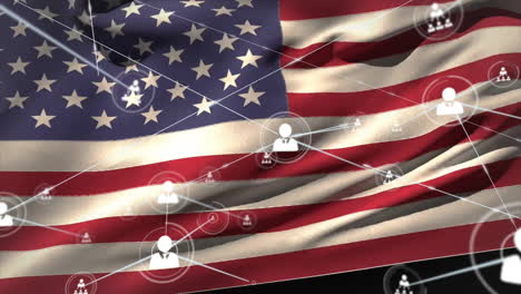 animation of network of connections with people icons over flag of usa