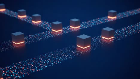 abstract visualization of dynamic cube arrangements with illuminated paths highlighting movement and structure in a futuristic digital environment