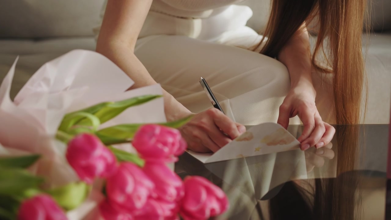 Closeup of womans hands writing on card next to pink tulips and gift bag soft indoor lighting the