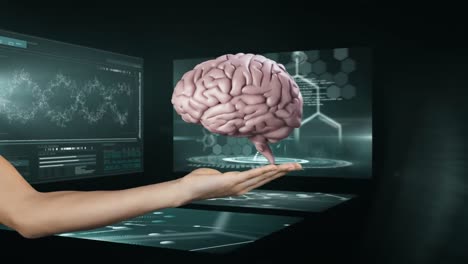 Frau-Hält-Ein-3D-Gehirn-Mit-Wissenschaftlerbildschirmen