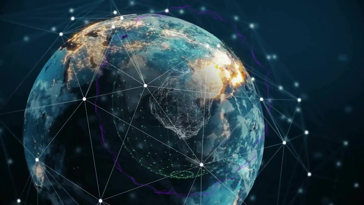 No lançamento, globo 3D ativando a formação de rede, girando enquanto nós pulsam, visualizando dados.