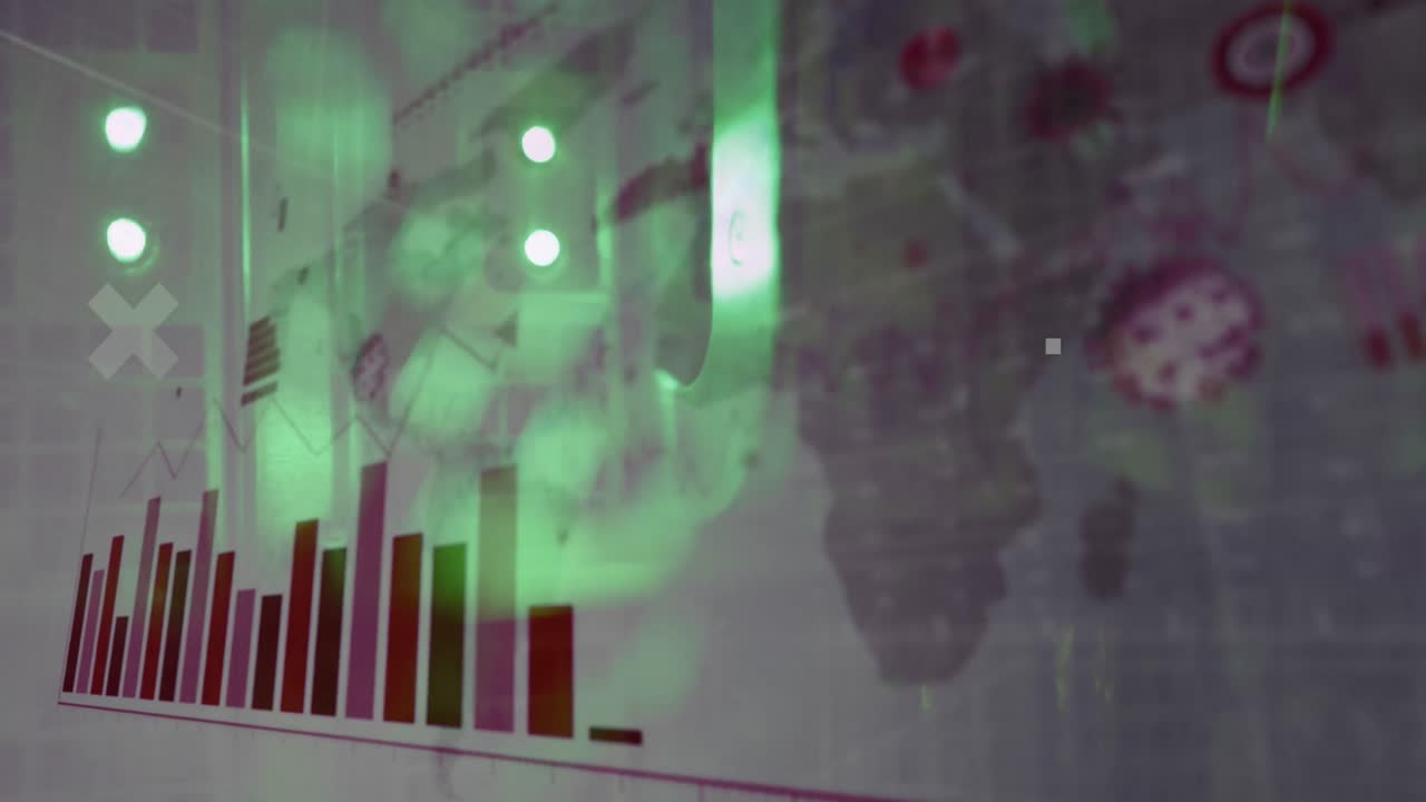 animación del procesamiento de datos y el registro de estadísticas sobre las luces verdes de los servidores informáticos