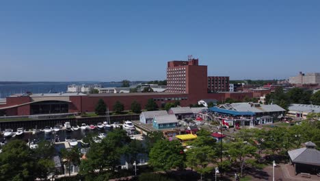 Aerial-drone-of-the-marina-harbour-of-Charlottetown,-Prince-Edward-Island-during-bright-sunny-summer-day