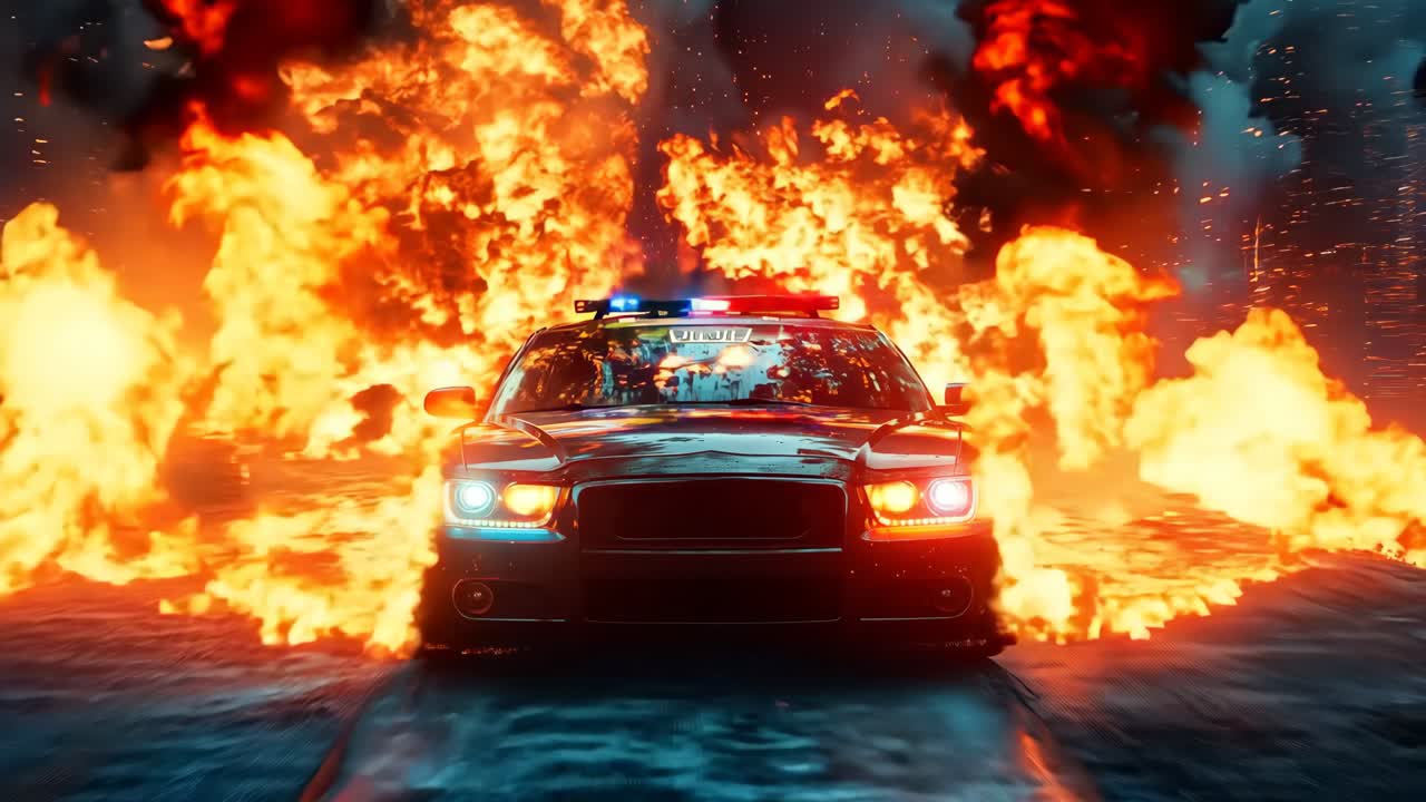 un coche de policía conduciendo a través de una ciudad en llamas