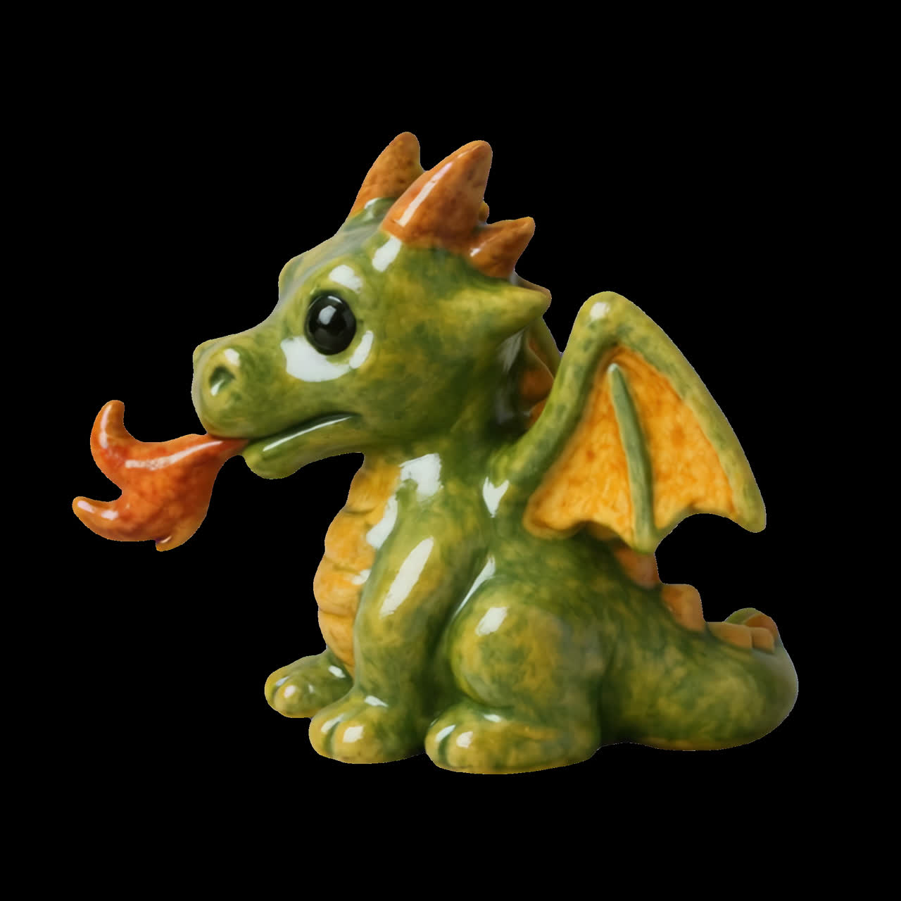 Animazione di simpatica statuetta di drago in ceramica come risorsa isolata, video 4K trasparente, canale alfa, ProRes