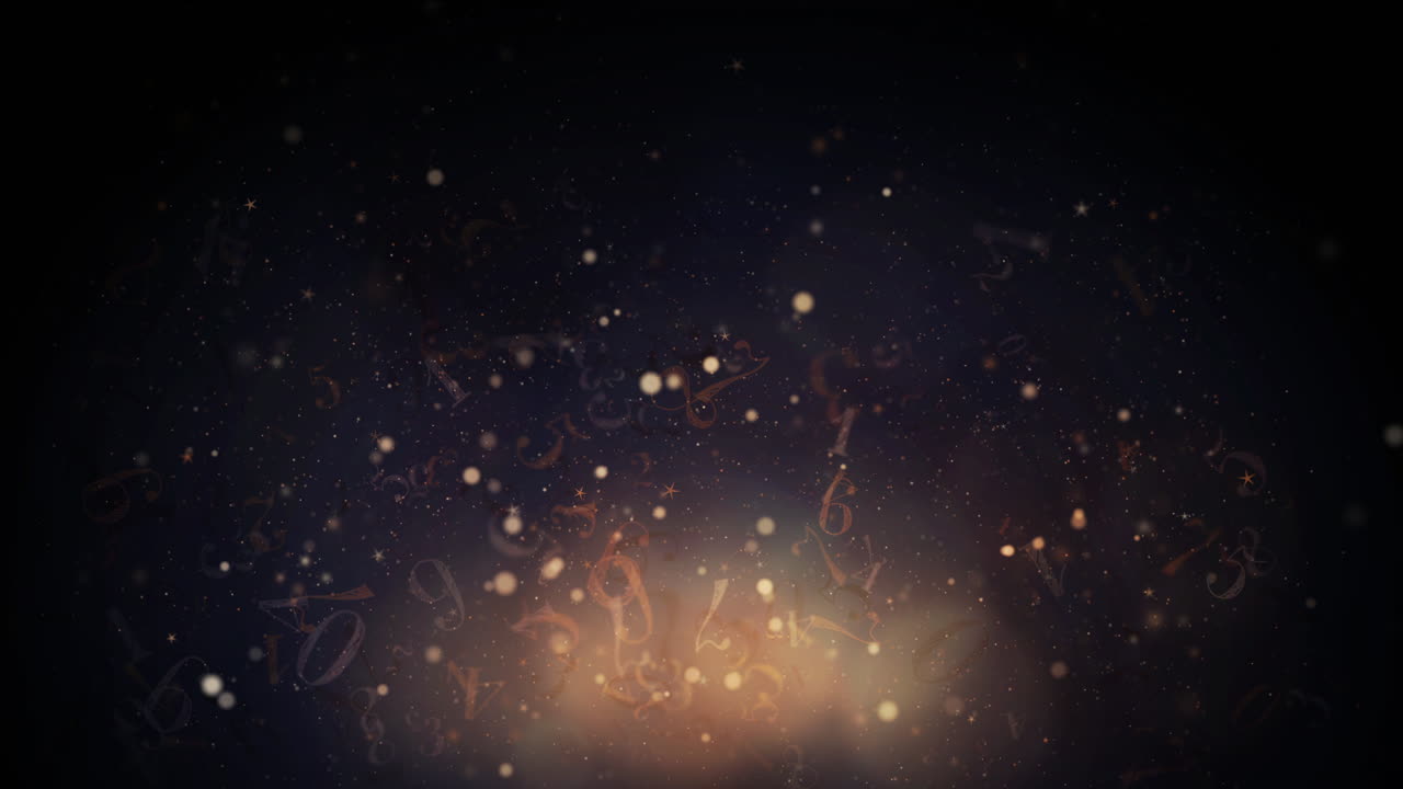 Mystical animation of numbers flying up with glowing particles and stars on a dark background. Bright bokeh. Looped motion graphics.