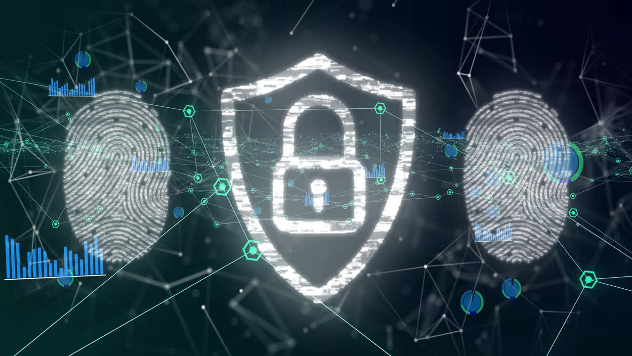 animación de escudo con icono de candado sobre red de conexiones en fondo negro