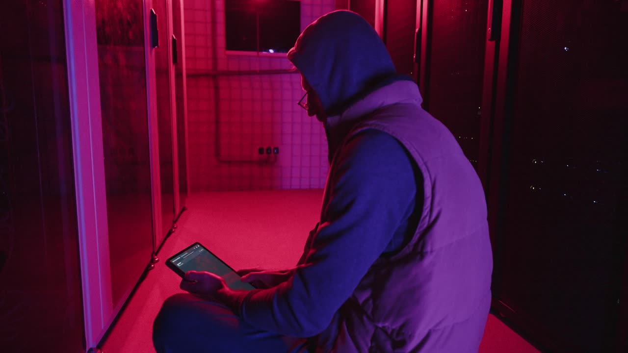 Technician working in a dark server room at night