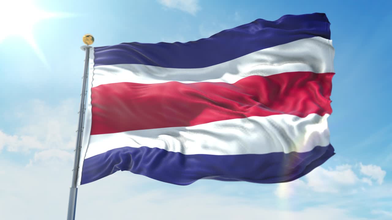 깊은 파란 하늘을 배경으로 바람에 흔들리는 코스타리카의 발, 국가 테마, 국제 개념, 3d 렌더링, 원활한 루프, 4k