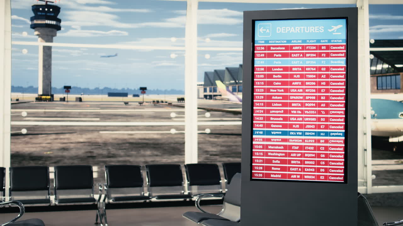 Tablero de salidas con alertas rojas indicando vuelos cancelados y viajes suspendidos.