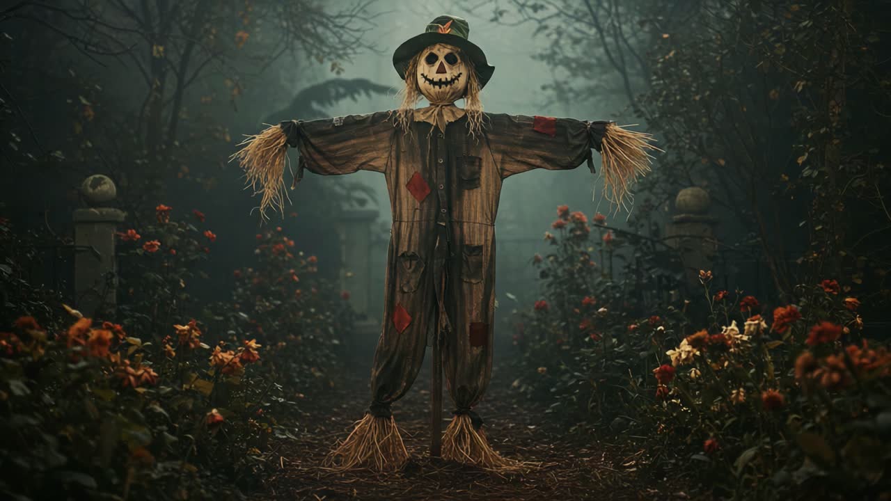 Eerie Scarecrow Standing Tall in a Foggy Garden Surrounded by Colorful Flowers and Dark Shadows, Eliciting a Mysterious Atmosphere of Autumnal Intrigue