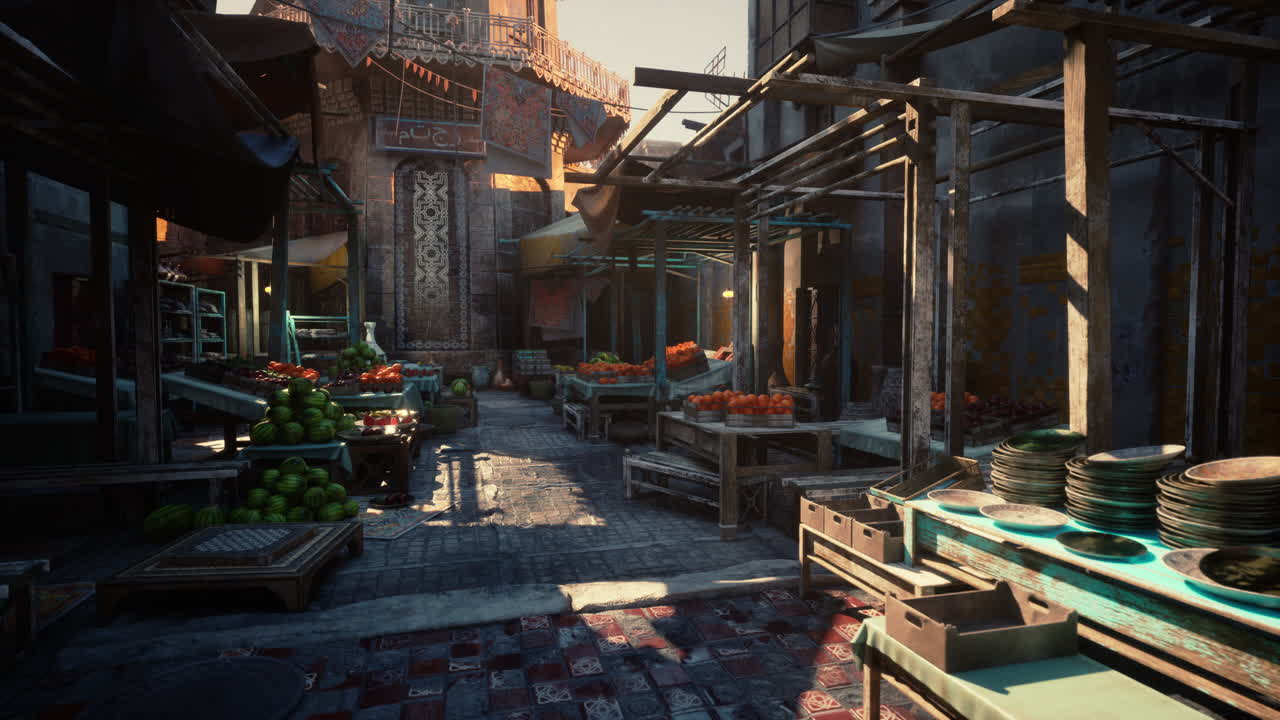 Serene street scene featuring aged market booths and glowing lanterns