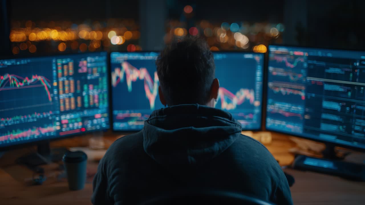 Observing the Trends: A Focused Trader Analyzes Financial Data and Market Movements on Multiple Monitors in a Cityscape Setting at Night