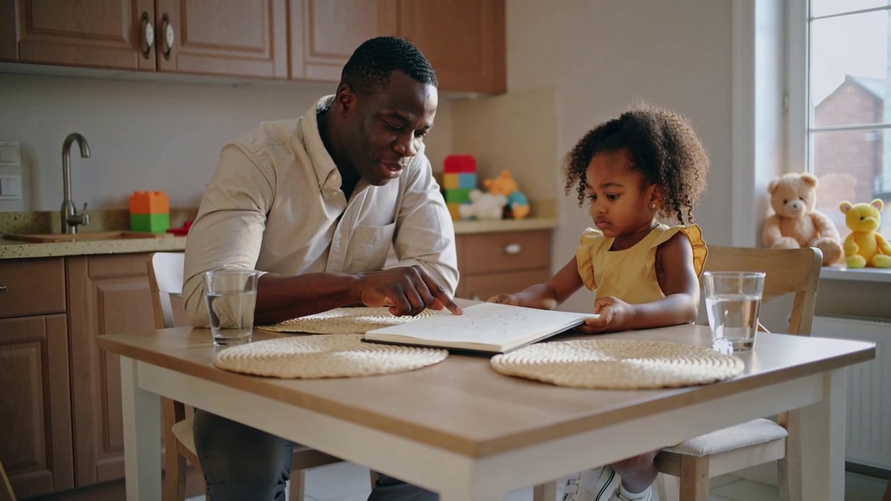 Pointing father leaning toward big open book, helping preschool daughter learn reading at kitchen
