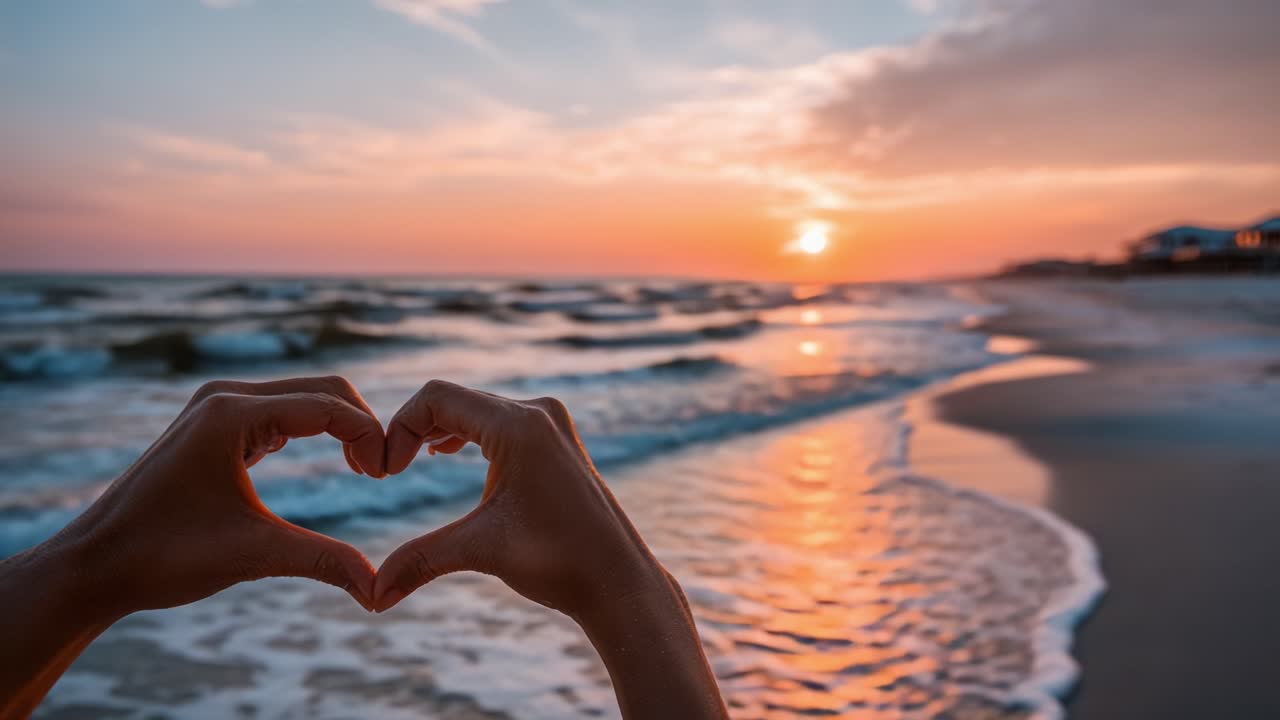 A Beautiful Sunset Over the Ocean Captured Through a Heart-Shaped Gesture Created by Hands, Symbolizing Love and Connection with Nature's Serene Beauty