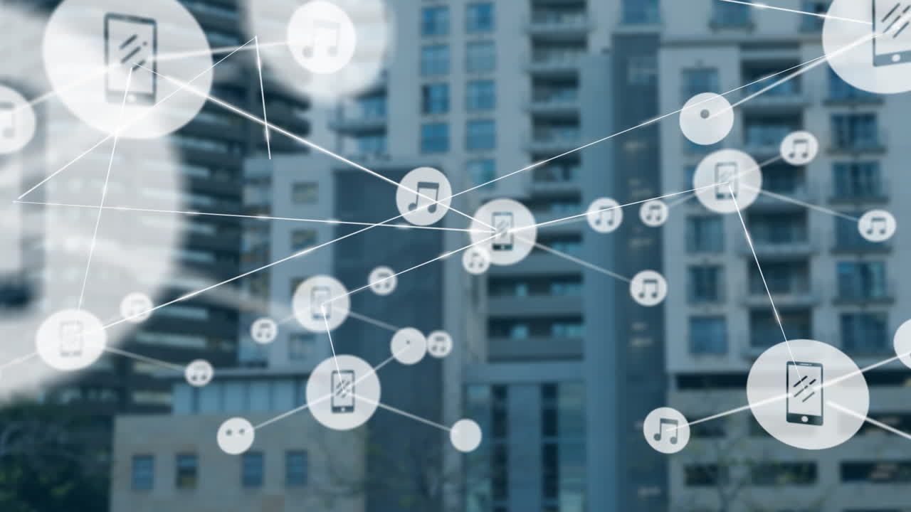 도시 풍경 위의 아이콘으로 연결된 네트워크의 애니메이션