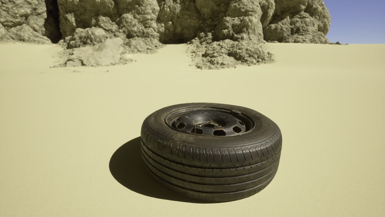 Forgotten tire rests on sandy terrain near rocky formation under clear sky