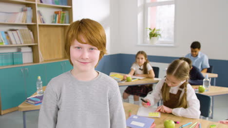 studente maschio dai capelli rossi che guarda la macchina fotografica in classe inglese, sullo sfondo i loro compagni di classe sono seduti ai banchi