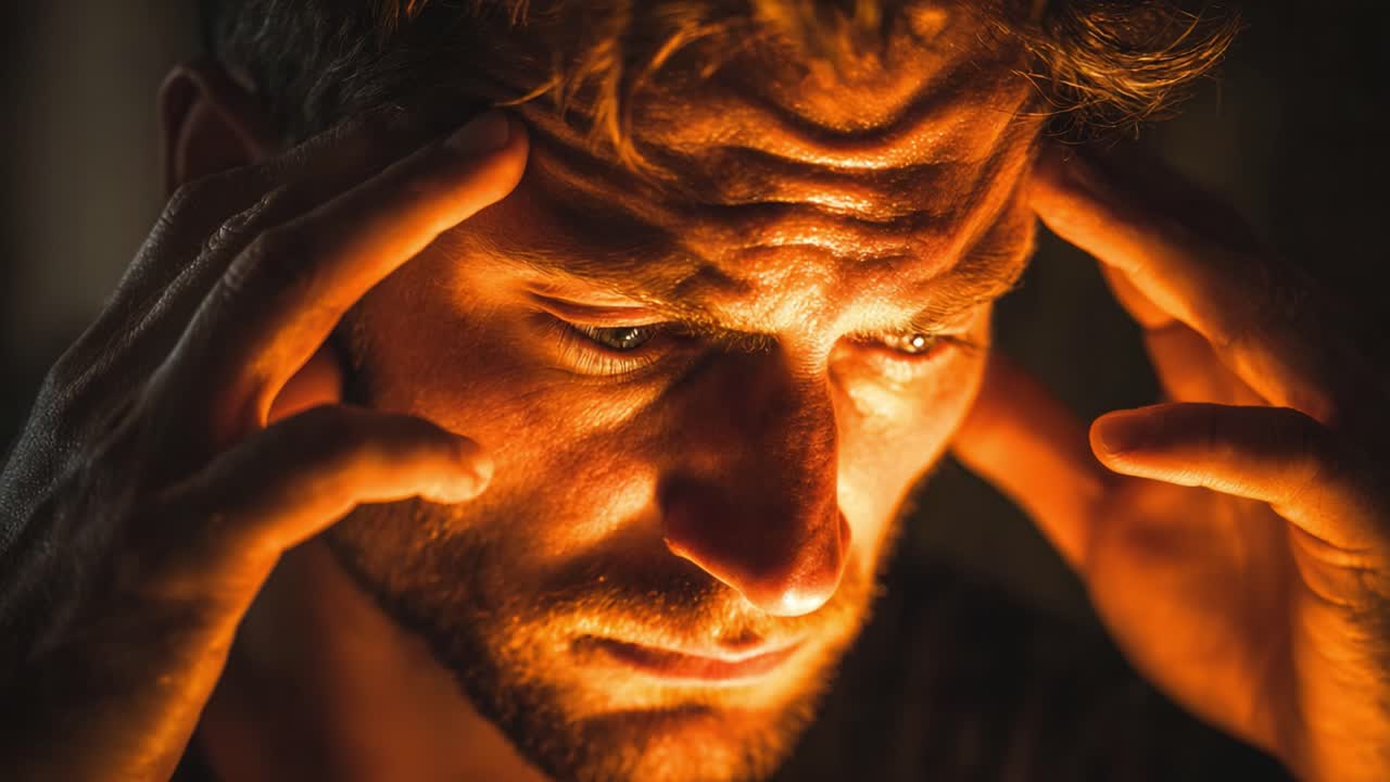 Una profonda lotta emotiva: catturare l'essenza del conflitto interiore e della disperazione nel ritratto di un uomo contemplativo con tensione e riflessione