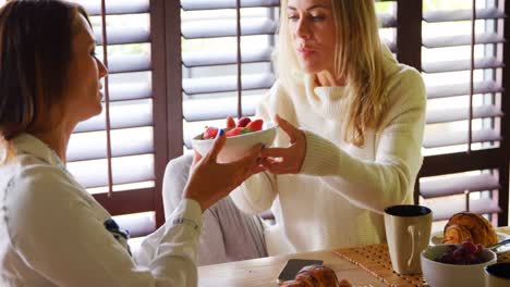 Lesbian-couple-having-fruit-and-coffee-on-dining-table-4k