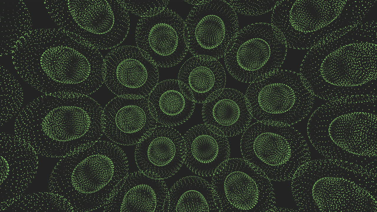 Circular pattern comprising numerous identical small circles repeating in an overlapping formation within a dark background, creating a visually captivating and harmonious design