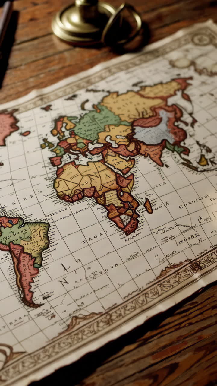 Antique World Map with Compass and Magnifying Glass