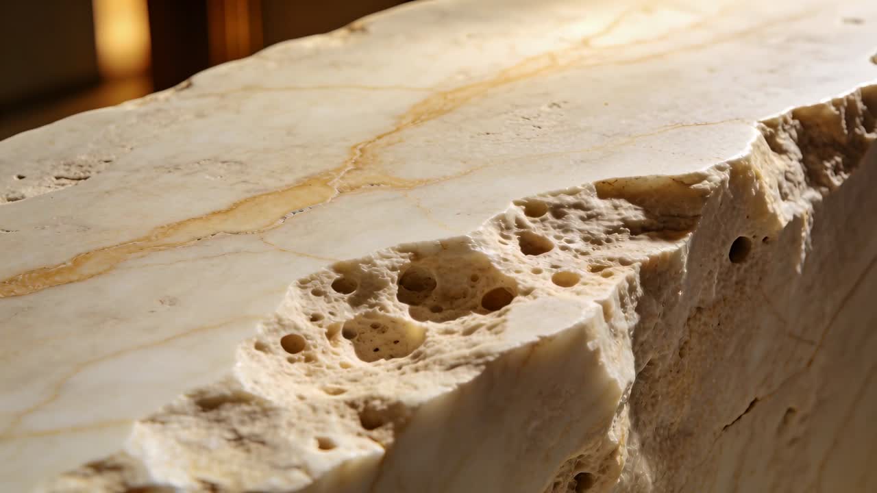 Telecamera in panning che rivela una lastra beige con venatura marrone chiaro in uno showroom, mostrando la parte superiore lucida e il bordo con piccole cavità.