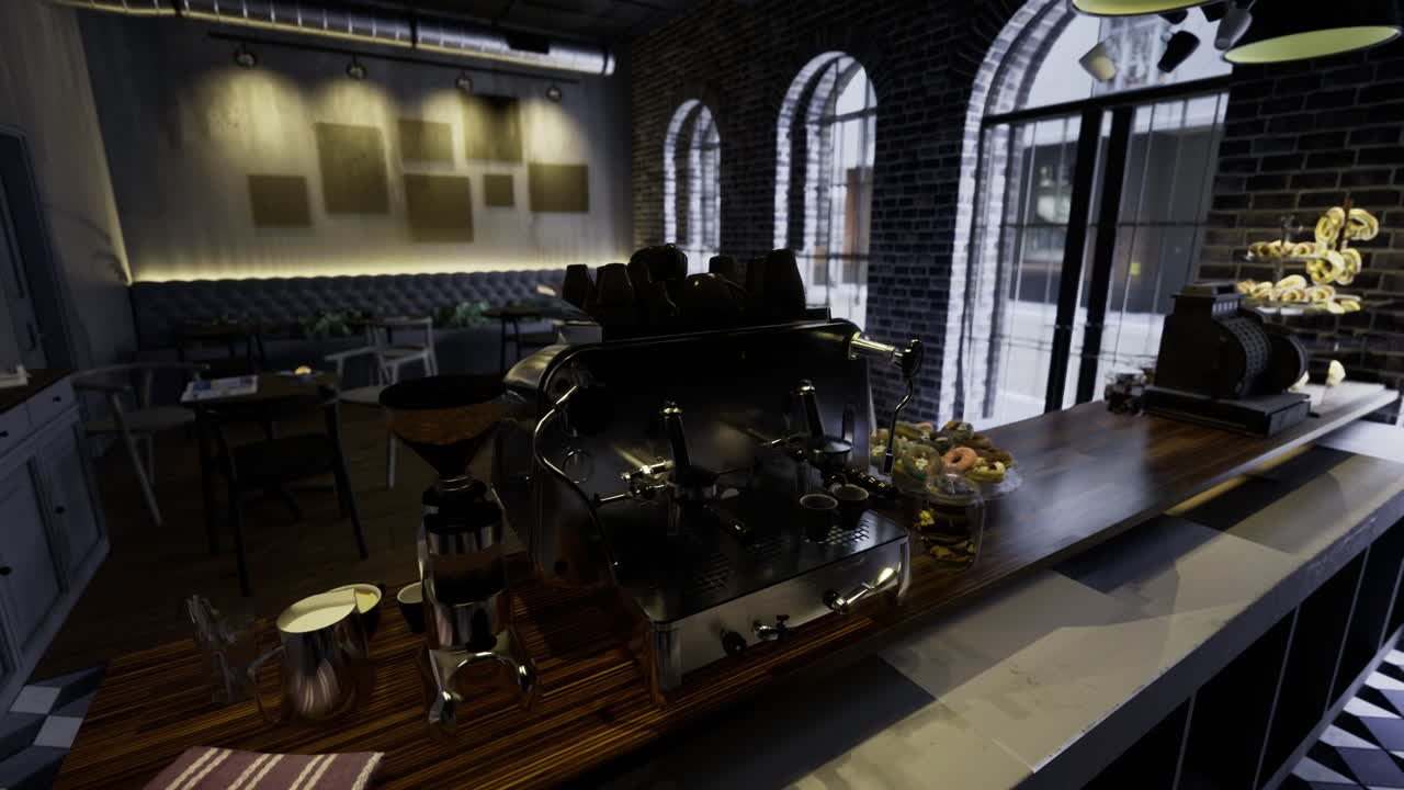 Accogliente caffetteria con bancone bar e illuminazione urbana d'atmosfera