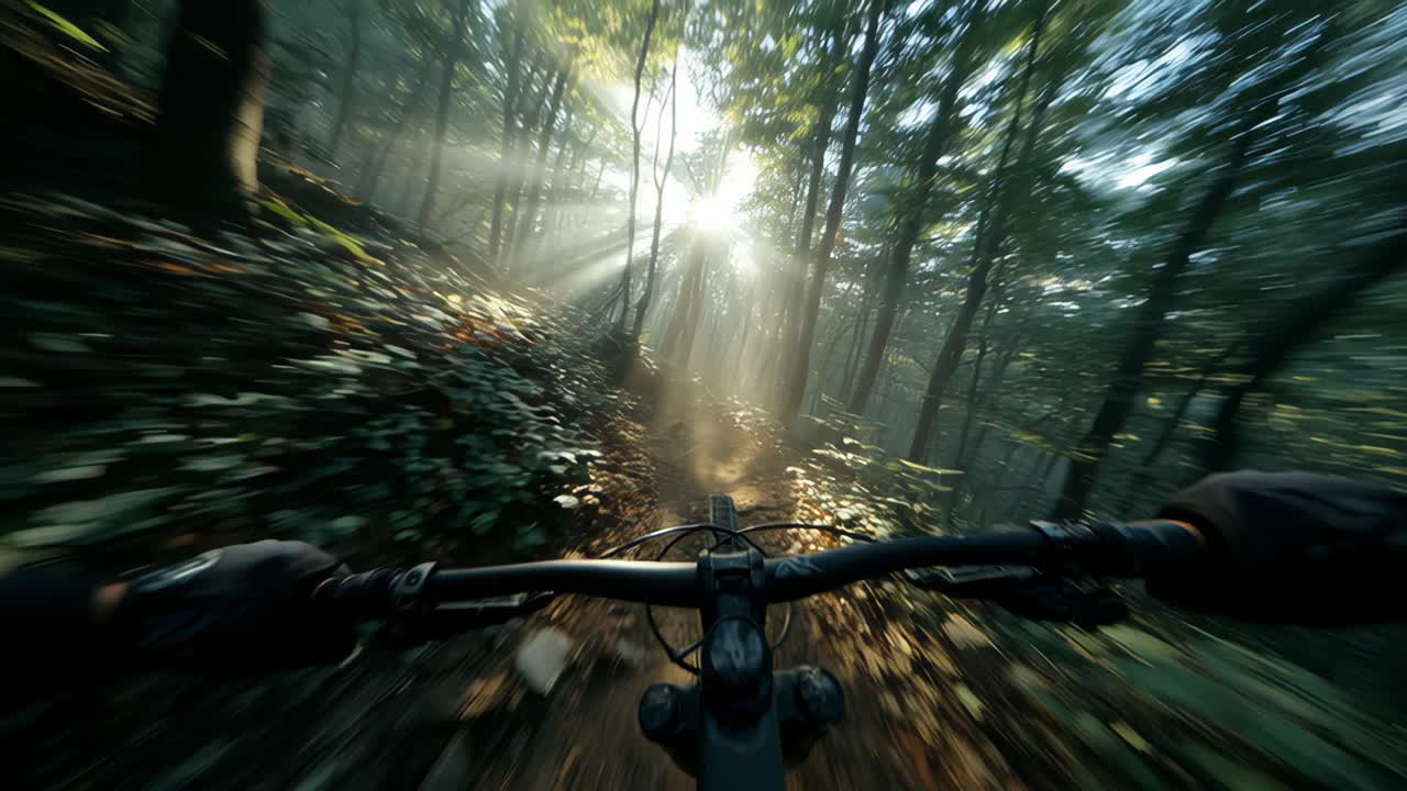 Cyclist riding through sunlit forest with tall trees and fallen leaves