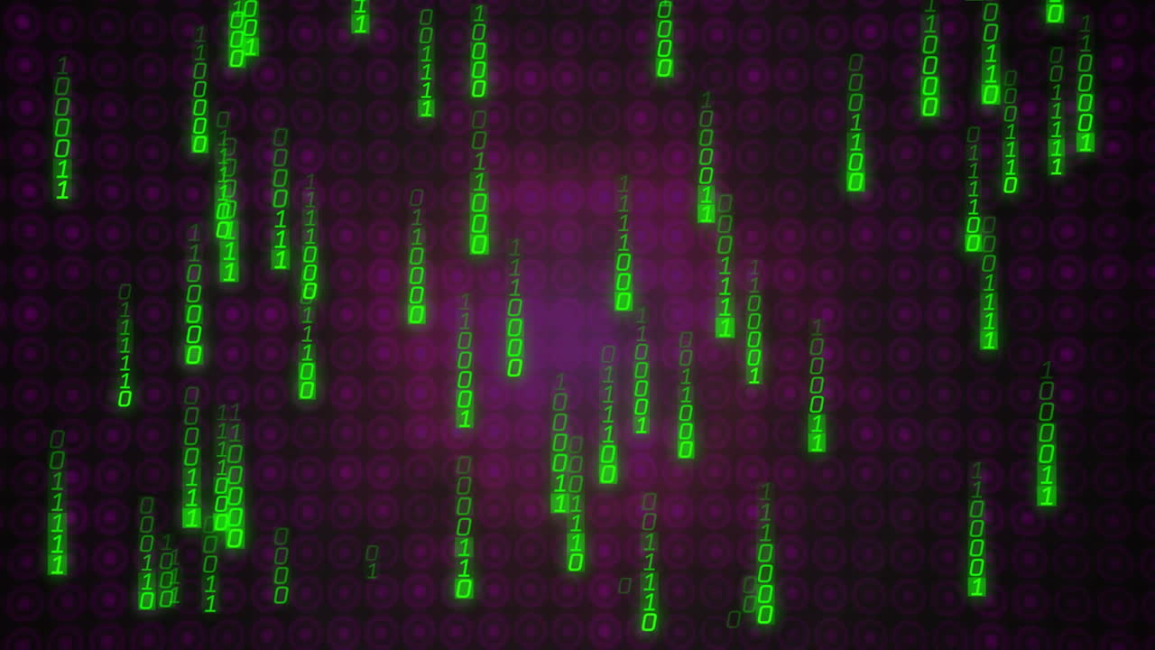 Animation of binary coding over purple shapes