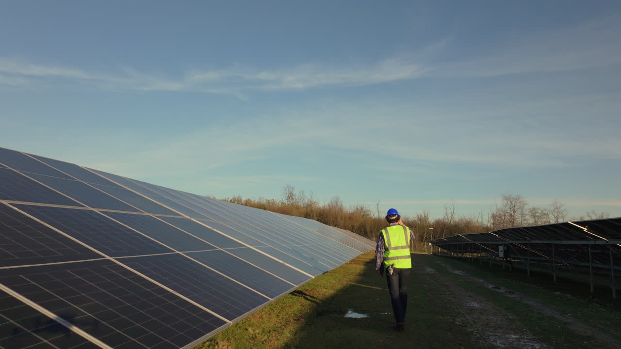 técnico de paneles solares inspeccionando una granja solar