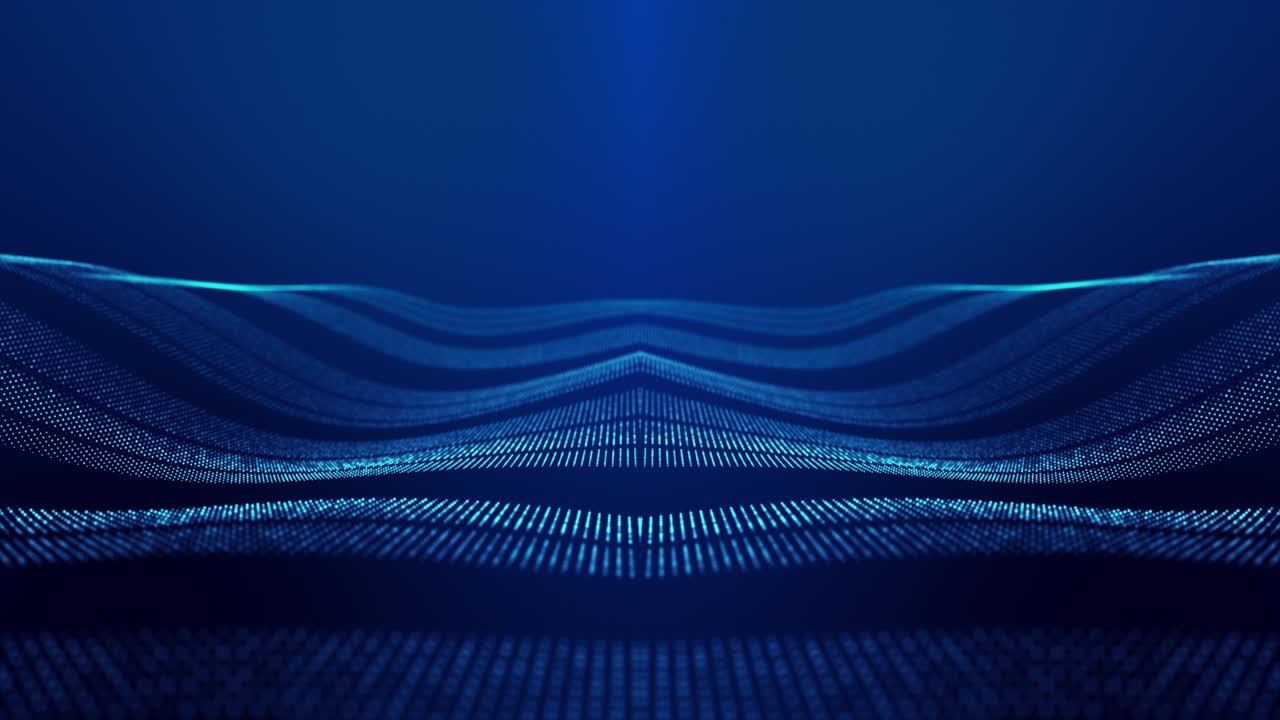 Sci-fi abstract theme with particle waves. 4k looped abstract blue background of glow particles form curved lines, surfaces simmetrical structures. Digital background with particle hologram.