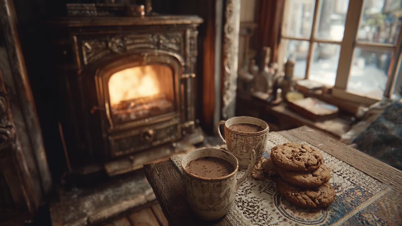 En hyggelig pejs: Nyd varme småkager og varme drikke ved pejsen i en rustik, indbydende atmosfære.
