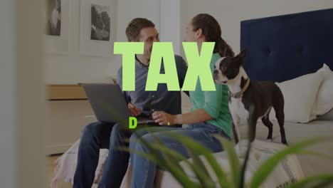 animation of tax day text over diverse couple using laptop