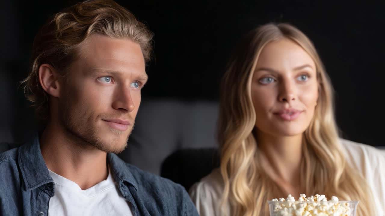 Cozy Movie Night: A Couple Enjoys a Relaxing Evening Together with Popcorn, Capturing the Joy and Connection in Shared Cinematic Moments
