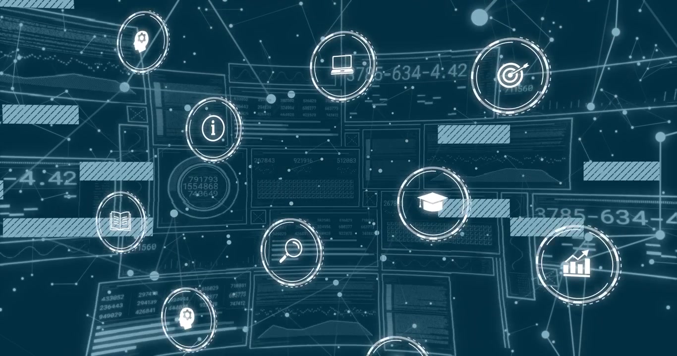 HUD booting, icon network expanding and shifting with globe, magnifier, chart, bars for technology