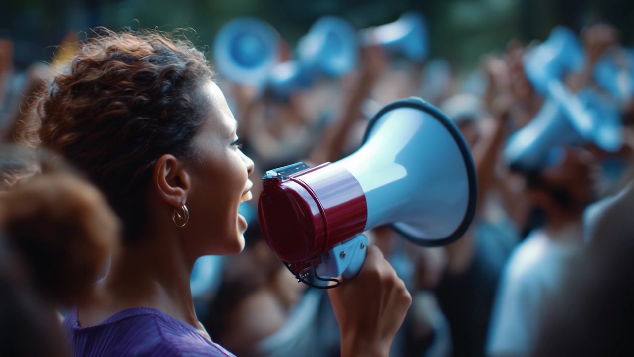 Attivista Determinata/o che Guida la Carica con un Megafono in una Folla Vibrante, Appassionatamente Impegnata in un Movimento per il Cambiamento e la Sensibilizzazione alla Giustizia Sociale