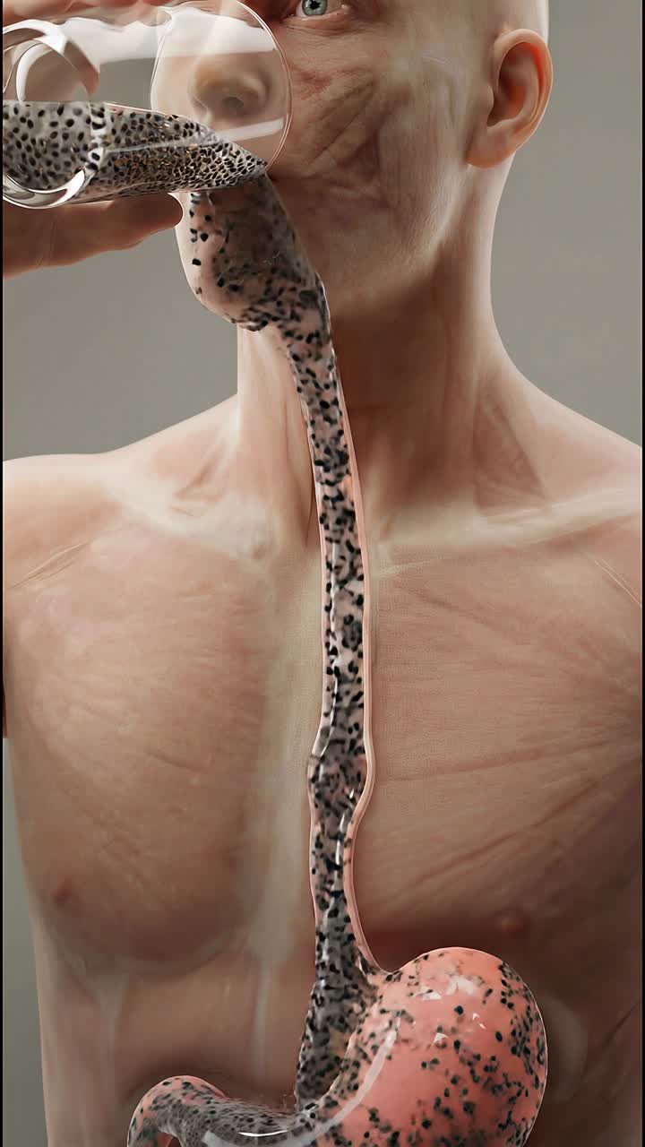 Umano che beve liquido, mostra il sistema digestivo trasparente con riempimento dello stomaco e visualizzazione del processo di digestione.