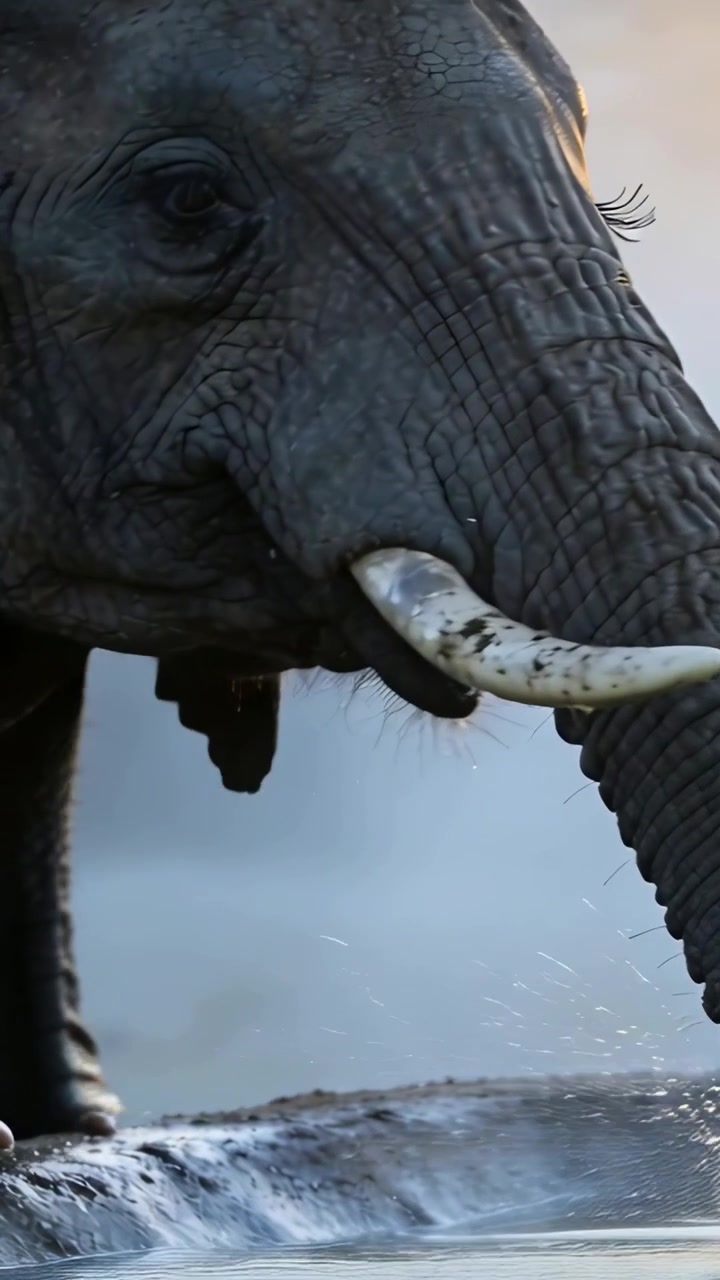 Vertical video: Leaning adult elephant drinking at watering hole, with trunk, tusks, rippling water