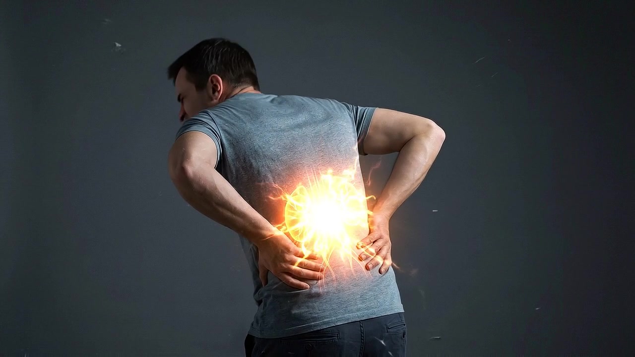 Rear view of man pressing painful lower back with orange glow in medical view