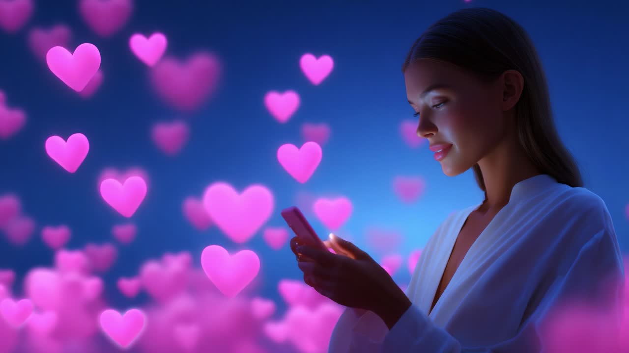 A woman in a serene environment gazing at her smartphone, illuminated by a soft glow, surrounded by vibrant pink heart shapes that create a dreamy, romantic atmosphere emphasizing connection and warmth