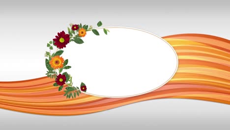 White-oval-with-leaves-and-flowers-over-orange-stripes