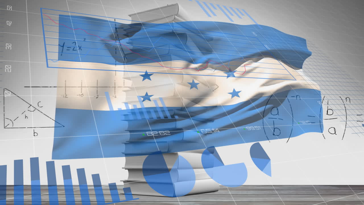 animazione della bandiera dell'honduras su grafici, angoli geometrici ed equazioni, libri impilati