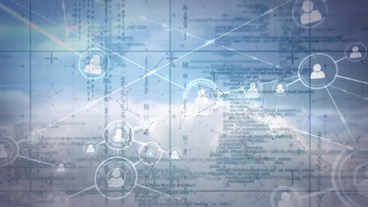 Animation of network of connected people icons and data processing, over blue sky